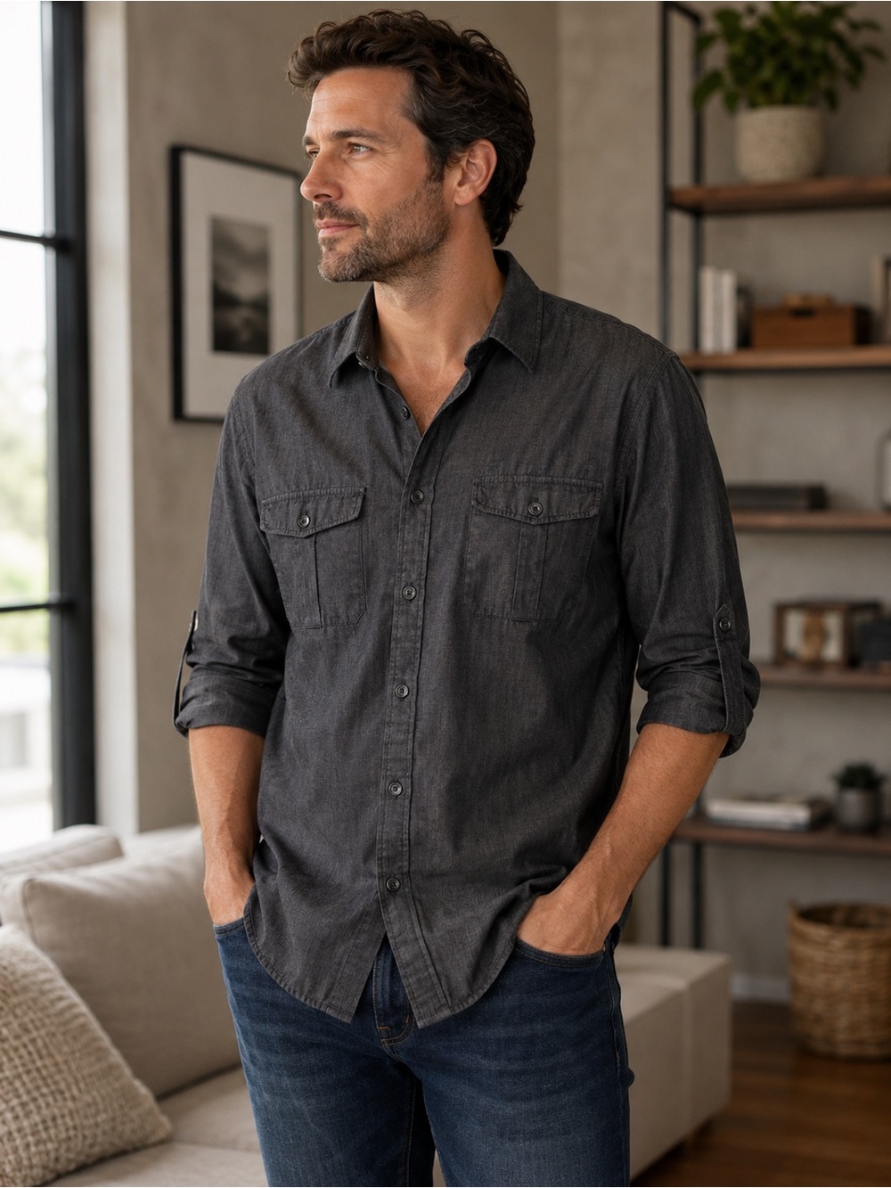 Express Extra Slim Fit Chambray Button Front Shirt Gray Men’s Medium